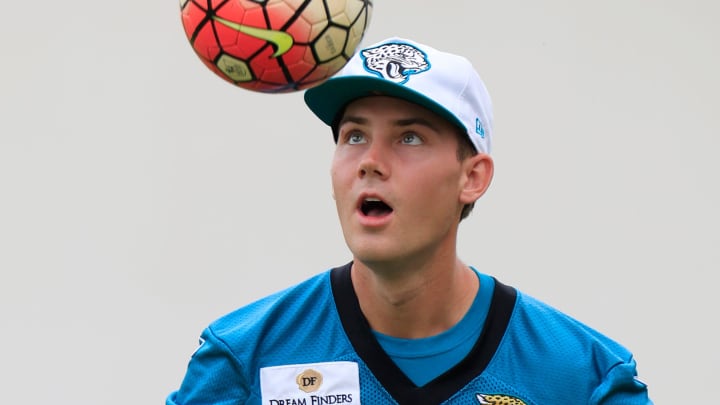 Jacksonville Jaguars place kicker Cam Little (39) juggles a soccer ball during the third day of an NFL football training camp practice Friday, July 26, 2024 at EverBank Stadium’s Miller Electric Center in Jacksonville, Fla.