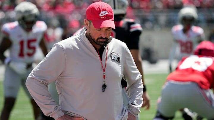Ohio State Buckeye head coach Ryan Day looks away from the field of play after a dropped pass in the 2nd half during the spring game at Ohio Stadium on April 12, 2025.
