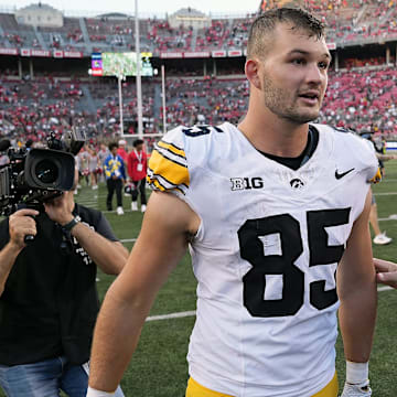 Oct 5, 2024; Columbus, OH, USA; Iowa Hawkeyes tight end Luke Lachey (85) walks off the field after losing to Ohio State Buckeyes after the NCAA football game at Ohio Stadium.