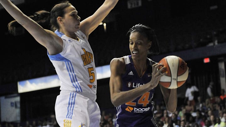 June 29, 2012; Chicago, IL, USA; Phoenix Mercury forward DeWanna Bonner (24) is defended by Chicago Sky forward Sonja Petrovic (5) during the first half at Allstate Arena. Mandatory Credit: David Banks-Imagn Images June 29, 2012; Chicago, IL, USA; Phoenix Mercury forward DeWanna Bonner (24) is defended by Chicago Sky forward Sonja Petrovic (5) during the first half at Allstate Arena. Mandatory Credit: David Banks-Imagn Images