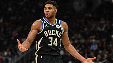 Oct 29, 2022; Milwaukee, Wisconsin, USA; Milwaukee Bucks forward Giannis Antetokounmpo (34) reacts after a foul call in the third quarter against the Atlanta Hawks at Fiserv Forum. Mandatory Credit: Benny Sieu-Imagn Images