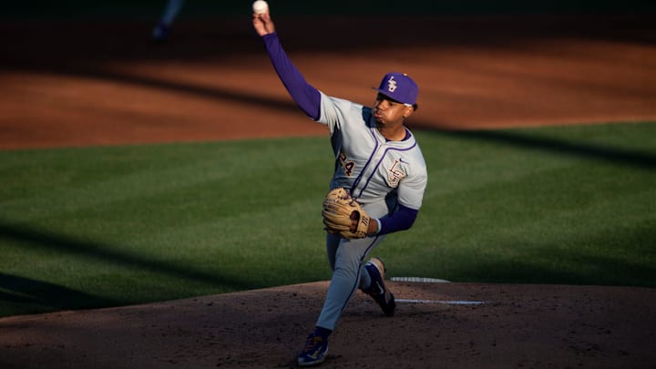 LSU Tigers' Anthony Eyanson (24) pitches the ball as Auburn Tigers take on LSU Tigers at Plainsman Park in Auburn, Ala., on Saturday, April 12, 2025.
