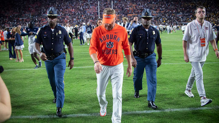 Auburn Tigers head coach Hugh Freeze walks off the field after the game as Auburn Tigers take on Missouri Tigers at Jordan-Hare Stadium in Auburn, Ala. on Saturday, Oct. 18, 2025. Missouri Tigers defeated the Auburn Tigers 23-17 in 2OT.