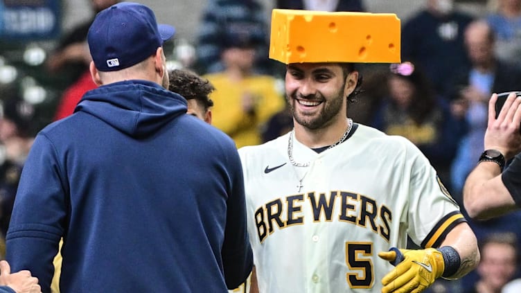 Apr 5, 2023; Milwaukee, Wisconsin, USA;  Milwaukee Brewers left fielder Garrett Mitchell (5) celebrates after hitting a walkout home run in the ninth inning against the New York Mets at American Family Field. Mandatory Credit: Benny Sieu-USA TODAY Sports