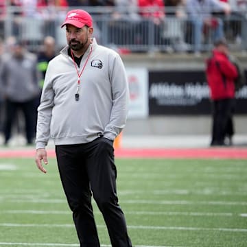 Ohio State Buckeye head coach Ryan Day watches his team in the 2nd half during the spring game at Ohio Stadium on April 12, 2025.
