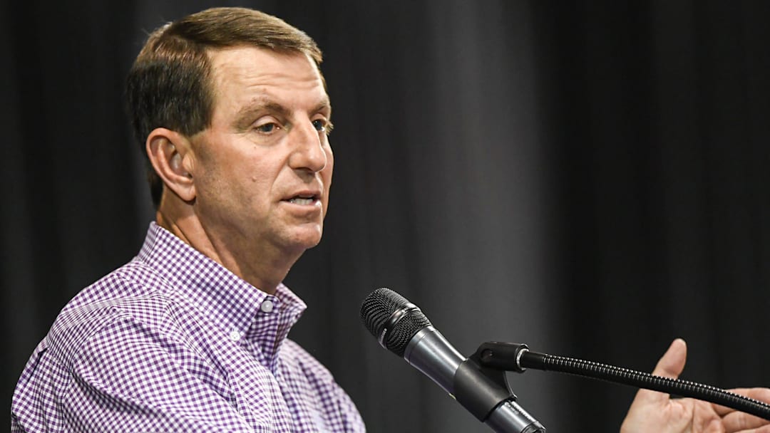 Clemson head coach Dabo Swinney speaks during the Clemson Club football National Signing Day wrap up presented by Clemson Seneca Chick-Fil-A at the Poe Indoor Practice Facility at Clemson University in Clemson, S.C. Feb 5, 2025.