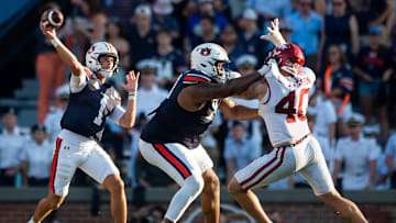 Auburn Tigers quarterback Payton Thorne (1) throws the ball as Auburn Tigers take on Arkansas Razorbacks at Jordan-Hare Stadium in Auburn, Ala., on Saturday, Sept. 21, 2024. Arkansas Razorbacks defeated Auburn Tigers 24-14.