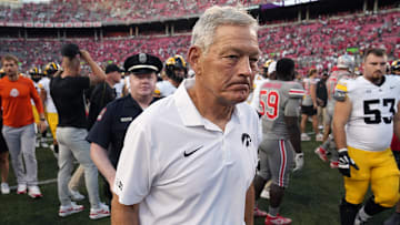 Oct 5, 2024; Columbus, OH, USA; Iowa Hawkeyes head coach Kirk Ferentz walks off the field after losing to Ohio State Buckeyes 35-7 after the NCAA football game at Ohio Stadium.