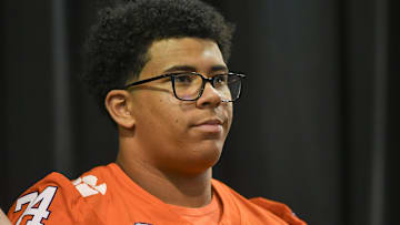Clemson offensive lineman Brayden Jacobs (74) during the Clemson Club football National Signing Day wrap up presented by Clemson Seneca Chick-Fil-A at the Poe Indoor Practice Facility at Clemson University in Clemson, S.C. Feb 5, 2025.