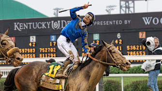 Junior Alvarado celebrates after riding Sovereignty to victory in the 151st Kentucky Derby at Churchill Downs in Louisville, Kentucky on May 3, 2025
