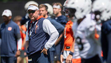 Auburn Tigers head coach Hugh Freeze watches on during practice at Woltosz Football Performance Center in Auburn, Ala. on Thursday, Aug. 14, 2025.
