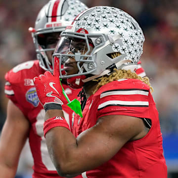 Ohio State Buckeyes running back Quinshon Judkins celebrates his touchdown run against Texas Longhorns