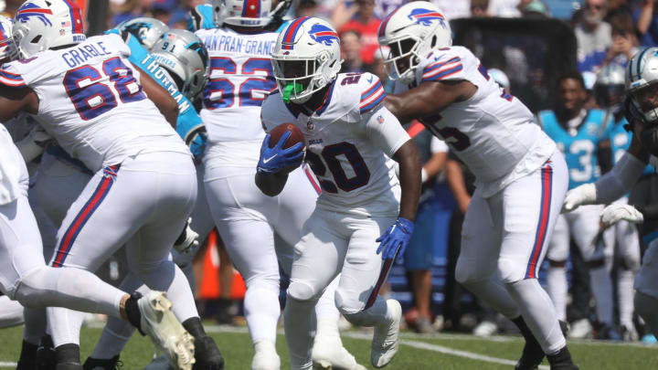 The Buffalo Bills' Frank Gore Jr. runs with the ball during the first half of the preseason game against Carolina Panthers at Highmark Stadium in Orchard Park on Aug. 24, 2024.