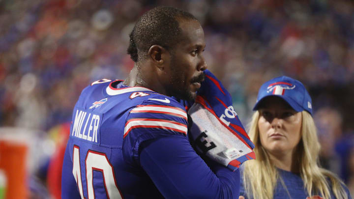 DeSoto alum Von Miller walks the Bills field at Highmark Stadium in Orchard Park on Sept. 23, 2024.