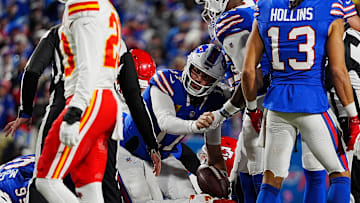 Bills quarterback Josh Allen gets the first down on the tush push play against the Kansas City Chiefs in the NFL Playoffs