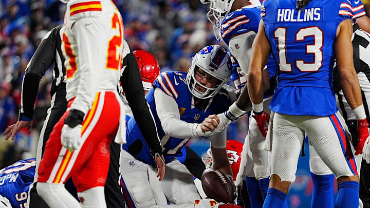 Bills quarterback Josh Allen gets the first down on the tush push play against the Kansas City Chiefs in the NFL Playoffs