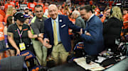 Clemson University student fans welcome ESPN commentator Dick Vitale before the game between the Clemson Tigers and the Duke Blue Devils at Littlejohn Coliseum on Feb 8, 2025 in Clemson, S.C.