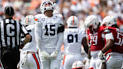 Auburn Tigers defensive end Keldric Faulk (15) celebrates a stop as Auburn Tigers take on South Alabama Jaguars at Jordan-Hare Stadium in Auburn, Ala. on Saturday, Sept. 13, 2025. Auburn Tigers lead South Alabama Jaguars 28-9 at halftime.