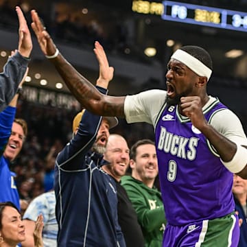 Milwaukee Bucks forward Bobby Portis (9) celebrates with fans after scoring a basket in the second quarter against the New York Knicks at Fiserv Forum. 