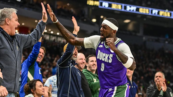 Milwaukee Bucks forward Bobby Portis (9) celebrates with fans after scoring a basket in the second quarter against the New York Knicks at Fiserv Forum. 