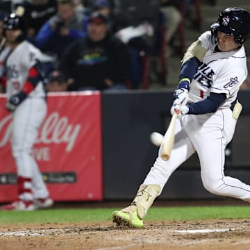 Binghamton's Drew Gilbert connects for a three-run home run, tying the game 6-6 in the bottom of the sixth inning. The Erie SeaWolves won, 9-6, in the first game of the Eastern League championship series on Sept. 25, 2023 in Binghamton.