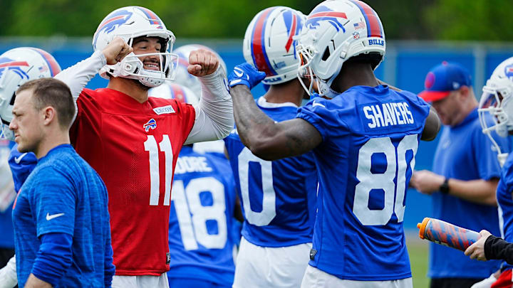 Buffalo Bills Mitchell Trubisky and Tyrell Shavers go through an elaborate handshake Buffalo Bills Mitchell Trubisky and Tyrell Shavers go through an elaborate handshake
