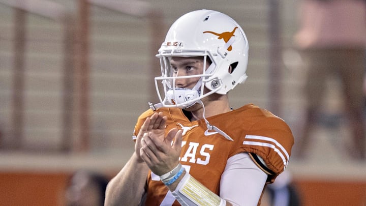Nov 17, 2018; Austin, TX, USA; Texas Longhorns quarterback Shane Buechele (7) claps congratulating senior player announcements before the game against the Iowa State Cyclones at Darrell K Royal-Texas Memorial Stadium. Mandatory Credit: John Gutierrez-Imagn Images