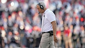 Oct 5, 2024; Columbus, OH, USA; Iowa Hawkeyes head coach Kirk Ferentz walks back to the sidelines after a time out against Ohio State Buckeyes in the third quarter during the NCAA football game at Ohio Stadium.