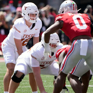 Texas Longhorns quarterback Arch Manning (16) tries to read the Ohio State Buckeyes defense in the second quarter of their game at Ohio Stadium in Columbus, Ohio on Aug 30, 2025.
