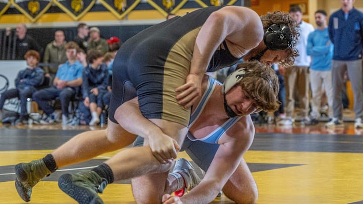 Christian Brothers Academy's Tyler Palumbo (CBA) wins a 12-2 major decision in a dual against Southern Regional during the 2024-25 season.