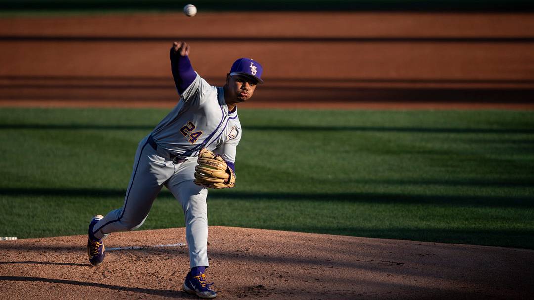 LSU Tigers' Anthony Eyanson (24) pitches the ball as Auburn Tigers take on LSU Tigers at Plainsman Park in Auburn, Ala., on Saturday, April 12, 2025.