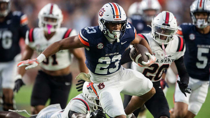 Auburn Tigers running back Jeremiah Cobb (23) breaks free for a touchdown as Auburn Tigers take on Ball State Cardinals at Jordan-Hare Stadium in Auburn, Ala. on Saturday, Sept. 6, 2025.