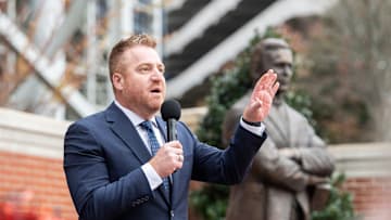 Auburn football head coach Alex Golesh speaks during his introductory Tiger Walk at Jordan-Hare Stadium in Auburn, Ala. on Monday, Dec. 1, 2025.