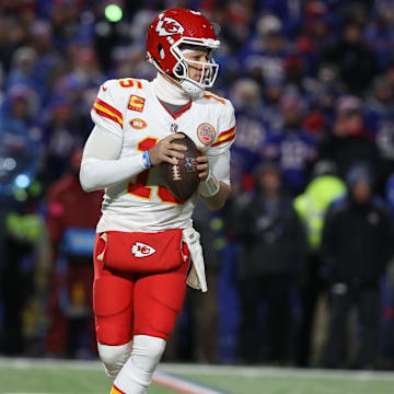 Kansas City Chiefs Patrick Mahomes has no pressure as he looks for an open receiver during the first half of the Bills divisional game against Kansas City Chiefs at Highmark Stadium in Orchard Park on Jan. 21, 2024.