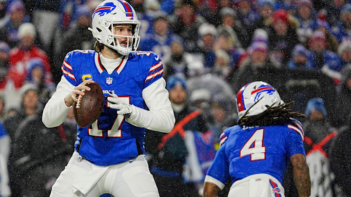Buffalo Bills quarterback Josh Allen gets ready to launch a pass during first half action at the Buffalo Bills divisional game against the Baltimore Ravens at Highmark Stadium in Orchard Park on Jan. 19, 2025. Buffalo Bills quarterback Josh Allen gets ready to launch a pass during first half action at the Buffalo Bills divisional game against the Baltimore Ravens at Highmark Stadium in Orchard Park on Jan. 19, 2025.