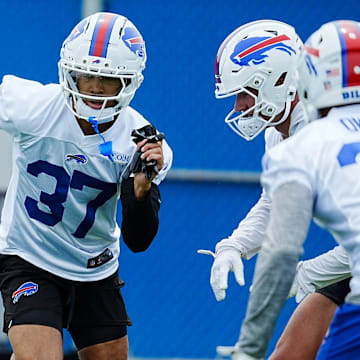 Buffalo Bills' Jordan Hancock sprints away from a player lined up against him during voluntary workouts at their practice facility on May 27, 2025.