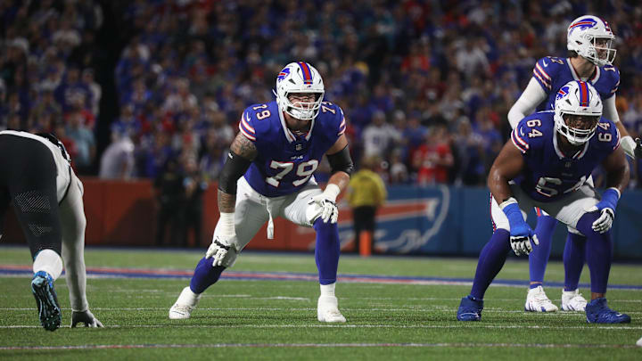 Bills Spencer Brown lines up for the next drive during first half action at Highmark Stadium in Orchard Park on Sept. 23, 2024. Bills Spencer Brown lines up for the next drive during first half action at Highmark Stadium in Orchard Park on Sept. 23, 2024.