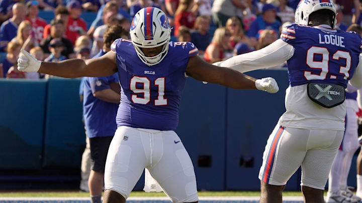 Buffalo Bills defensive tackle Ed Oliver and defensive tackle Zion Logue dance to the music for a few moments while waiting for their turn to run a drill during the Return of the Blue Red practice at Highmark Stadium in Orchard Park on Aug.1, 2025. Buffalo Bills defensive tackle Ed Oliver and defensive tackle Zion Logue dance to the music for a few moments while waiting for their turn to run a drill during the Return of the Blue Red practice at Highmark Stadium in Orchard Park on Aug.1, 2025.