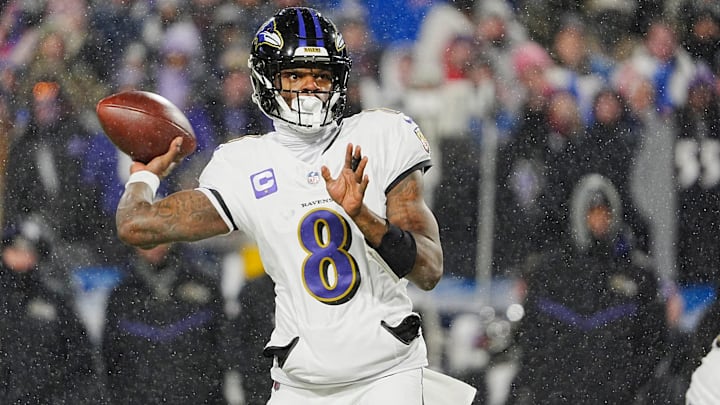 Baltimore Ravens quarterback Lamar Jackson gets off a pass during first half action during the Buffalo Bills divisional game against the Baltimore Ravens at Highmark Stadium in Orchard Park on Jan. 19, 2025.