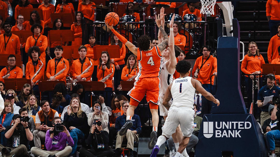 Feb 7, 2026; Charlottesville, Virginia, USA; Syracuse Orange guard Nate Kingz (4) shoots the ball while Virginia Cavaliers center Johann Gruenloh (17) defends during the second half at John Paul Jones Arena. Mandatory Credit: Emily Faith Morgan-Imagn Images