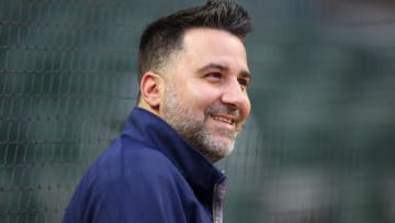Oct 6, 2023; Atlanta, GA, USA; Atlanta Braves general manager Alex Anthopoulos watches a workout before the NLDS against the Philadelphia Phillies at Truist Park. Mandatory Credit: Brett Davis-USA TODAY Sports