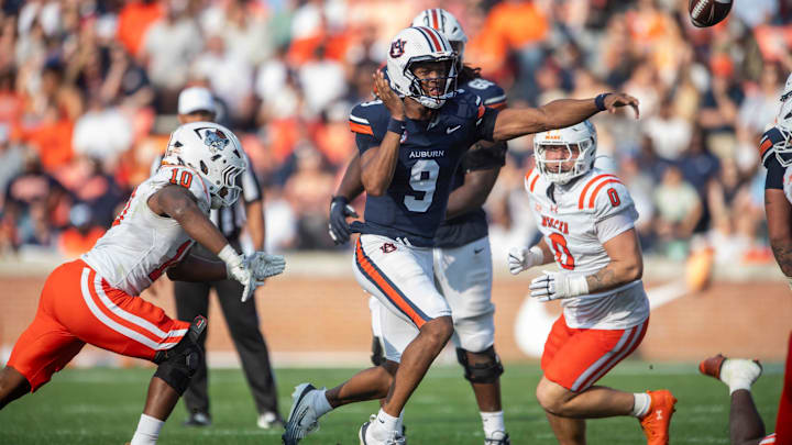 Auburn Tigers quarterback Deuce Knight (9) throws the ball as Auburn Tigers take on Mercer Bears at Jordan-Hare Stadium in Auburn, Ala. on Saturday, Nov. 22, 2025. Auburn Tigers lead the Mercer Bears 35-17 at halftime.