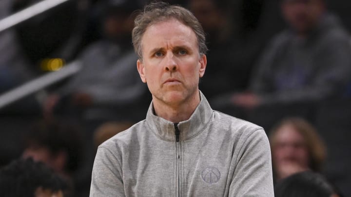 Mar 19, 2024; Washington, District of Columbia, USA;  Washington Wizards interim head coach Brian Keefe  looks onto the court during the first half against the Houston Rockets at Capital One Arena. Mandatory Credit: Tommy Gilligan-USA TODAY Sports