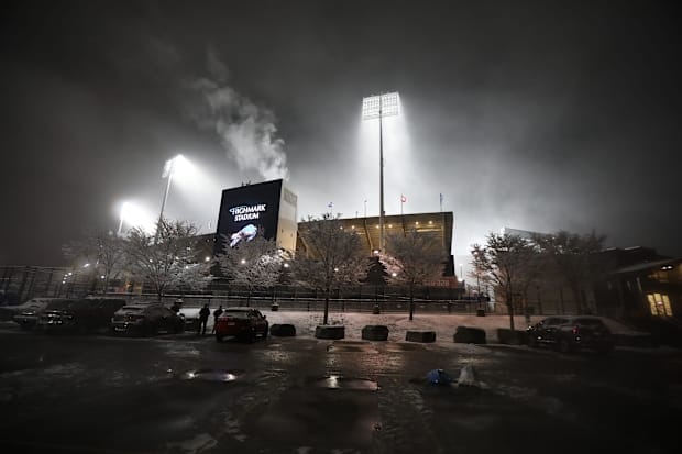 View of Bills current Highmark Stadium at night. View of Bills current Highmark Stadium at night.