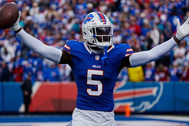 Bills Kaiir Elam celebrates his fumble recovery against Miami during second half action at Highmark Stadium