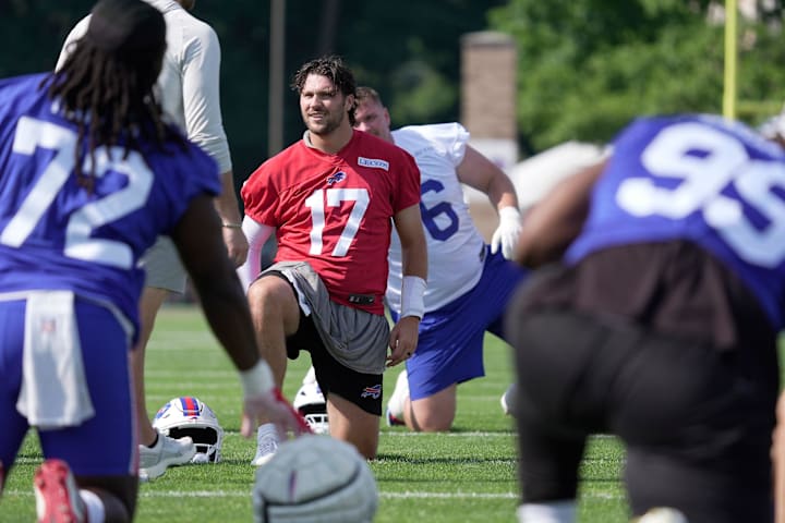 Buffalo Bills quarterback Josh Allen stretches with the team at the Buffalo Bills training camp.