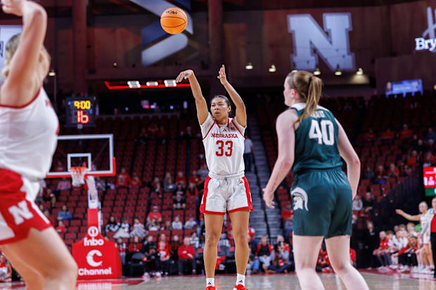 Nebraska forward Amiah Hargrove shoots the ball against Michigan State at Pinnacle Bank Arena on Jan. 8, 2025.