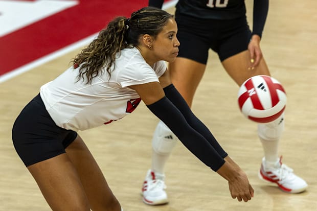 Nebraska outside hitter Skyler Pierce receives a serve during the Red-White Scrimmage on Saturday.