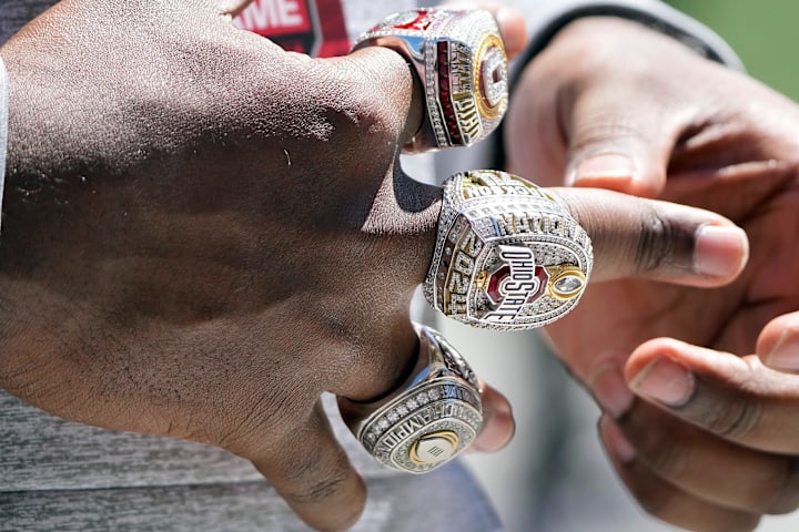 Former Ohio State Buckeye Donovan Jackson received three rings for winning the College Football Playoffs during the spring ga
