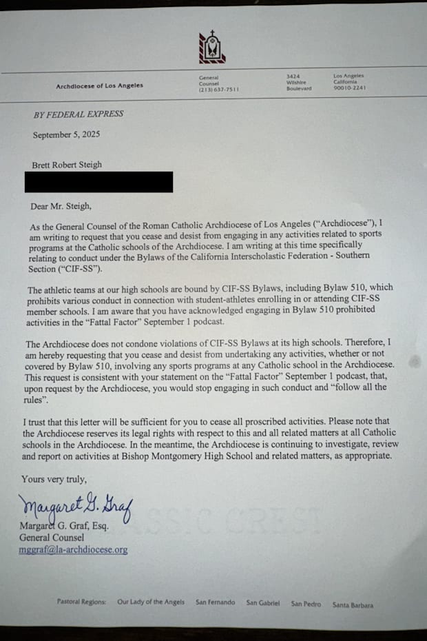 Catholic Archdiocese of Los Angeles issued a cease and desist letter to Brett Steigh.